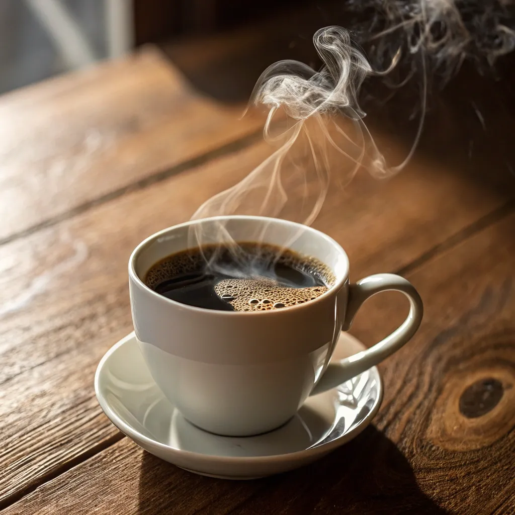 A steaming cup of coffee