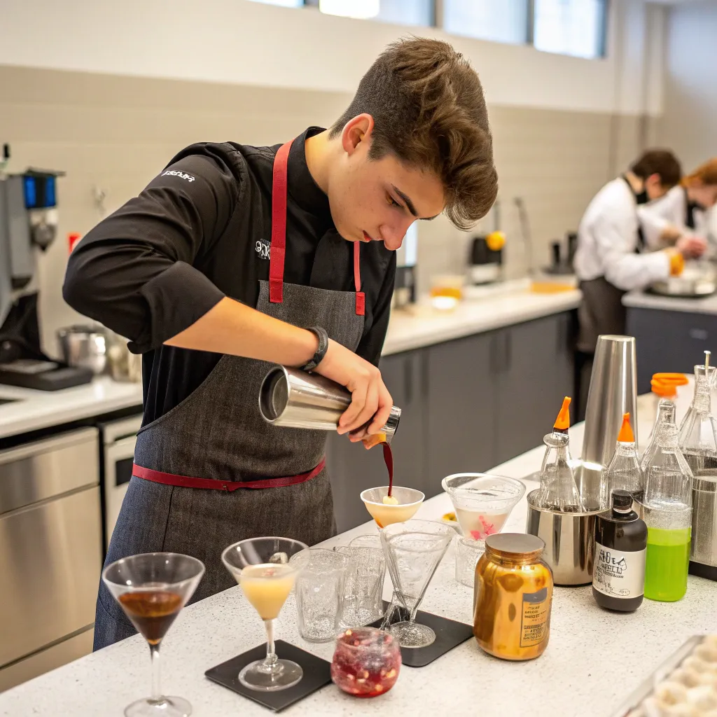 Student practicing beverage techniques